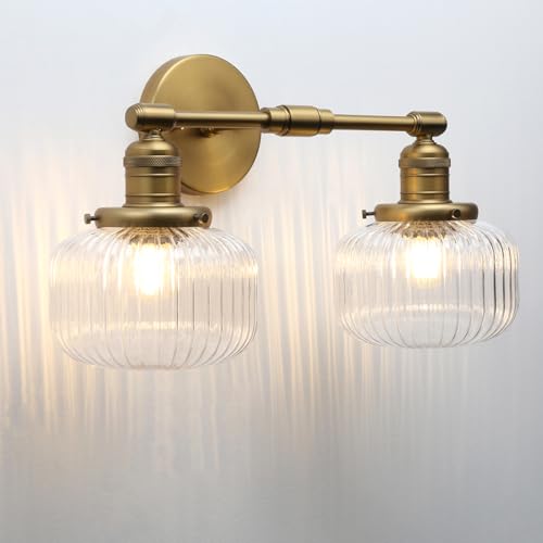 JIMUBEAM 2-Lights Industrial Glass Wall Sconces, Antique Brass Clear Striped Globe Shade Wall Light...