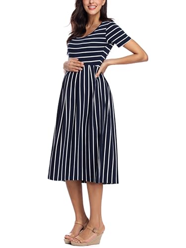BBHoping Women’s Casual Striped Maternity Dress Short Knee Length Pregnancy Clothes for Baby Shower