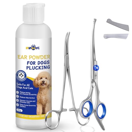 Dog Ear Hair Removal Kit – Ear Powder,Blunt Tip Grooming Scissors&Tweezers Set – Safe Hair Plucking Tool for Dogs,Ear Cleaner for Itching,Infection Treatment for Poodles, Doodles