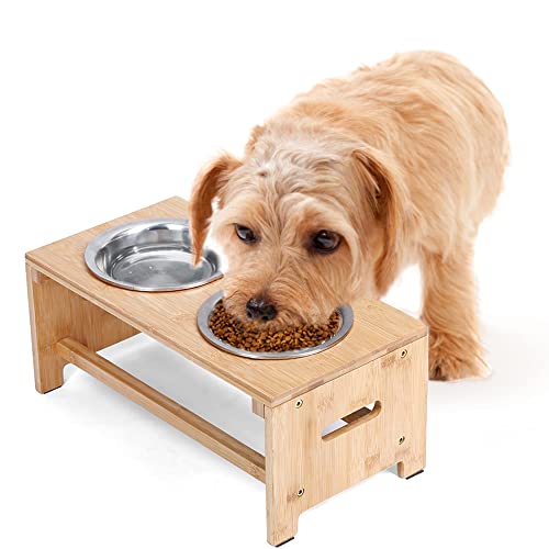 Bamboo Elevated Dog Bowls, Raised Dog Bowl Stand with 2 Stainless Steel Bowls, Pet Feeder for Food and Water, 7" Tall - Image 4