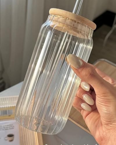 Image of Drinking Ribbed Glasses Tumbler with Bamboo Lid and Straw (Pack of 2), 400ml Travel Cocktail Glass Sipper Bottle for Juice Boba Iced Tea Coffee Hot Cold Drink Cup