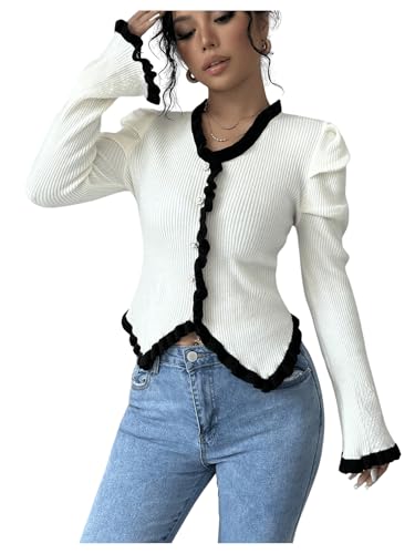 Image of SweatyRocks Women's Elegant Sweater V Neck Long Puff Sleeve Knitted Pullover Tops Beige Medium