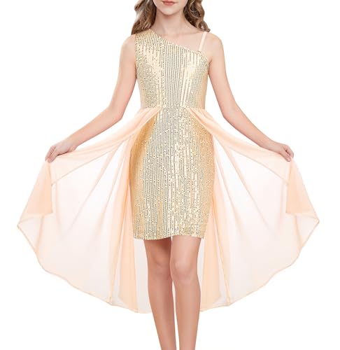 GRACE KARIN Tween Girls Sequin Formal Party Dress Size 12-14 One Shoulder Sparkle Birthday School Dance Dresses Gold