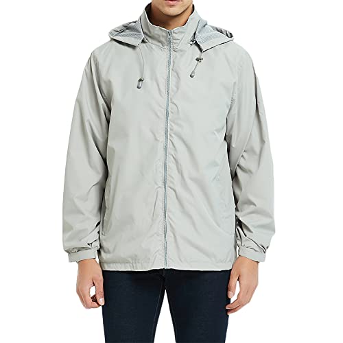 Image of SNOW DREAMS Mens Rain Jacket Waterproof Raincoat Lightweight Windbreaker Hooded Outerwear for Hiking Travel Grey Size L