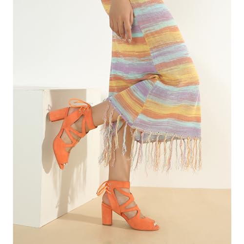 Image of fereshte Women's Lace-Up Gladiator Sandals, Block Heel Open Toe Strappy Shoes
