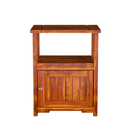 Image of Sheesham Wood Bedside End Table for Bedroom | Solid Wood Sofa Side Table Nightstand with 1 Door Cabinet & 1 Shelf Storage for Home & Living Room | Rosewood, Honey Natural