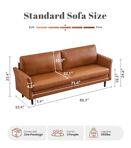 Image of Kingfun 80 inch Faux Leather Sofa Couch, Mid Century Modern Leather Couch with Rolled Arms and Deep Seats, Brown Leather Sofa for Living Room, 3-Seater Couch for Apartment, Office and Bedroom, Dark Brown