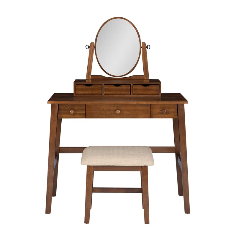 Linon Iris Wood Vanity & Padded Stool Set Oval Mirror 5 Drawers in Walnut Brown
