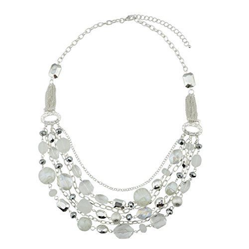Bocar Newest Multi Layer Chain Crystal Colored Glaze Statement Women Necklace (NK-10061-White)