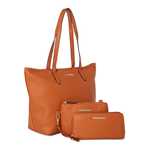 Time Tru Time and Tru Women's Faux Leather Vegan 3-Piece Handbag Set Tote, Wristlet and Wallet (Cognac)