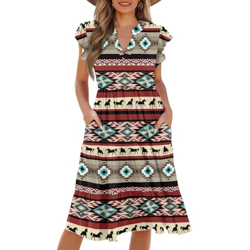 Image of Women's Casual Ruffle Sleeve Dress V Neck Pullover Dress Flowy A-Line Pleated Lightweight Dress with Pockets