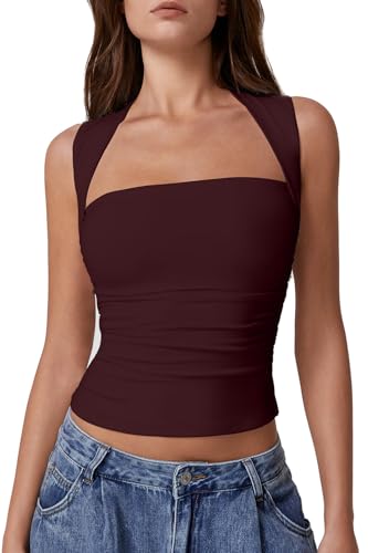 QINSEN Womens Square Neck Tank Tops Side Ruched Double Lined Slim Fit Summer Going Out Crop Top