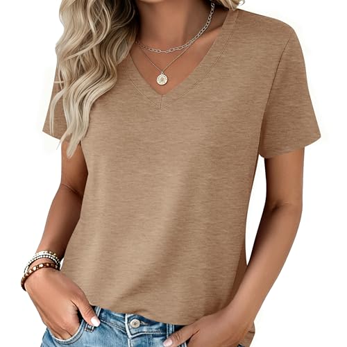 Zeagoo Tops for Women Short Sleeve Khaki T Shirts 2026 Fashion Summer Tee Clothes Business Work Tunic Outfits L