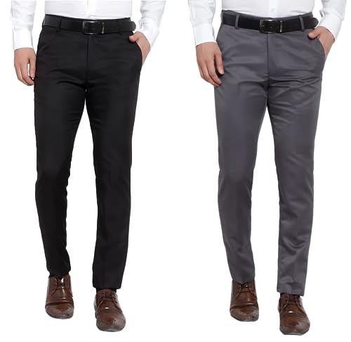 Image of The PS Men's Formal Regular Fit Cotton Blend Black, Dark Grey Combo Trouser (Pack of 2)