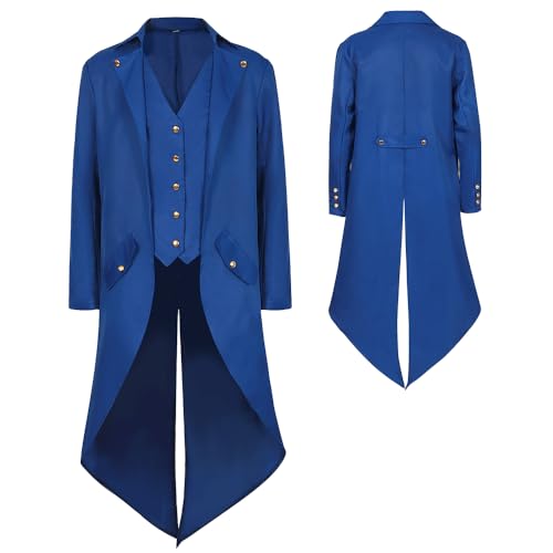 YQVGFBY Mens Gothic Steampunk Tailcoat Men Medieval Victorian Vintage Jacket Uniform Long Tuxedo Renaissance Pirate Vampire Party Cosplay Costumes for Adults Men (Blue XL)
