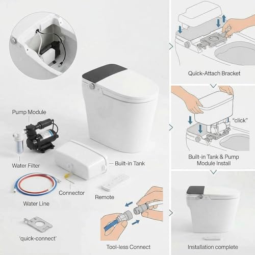 Inodoro inteligente con bidet, activación por sensor de pie, asiento calefactable, agua tibia, secado por aire, lavado femenino, luz nocturna LED, contenedor de agua para baja presión, cubierta blanca con luz LED negra miniatura 6
