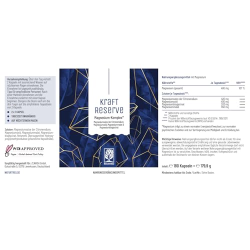 Magnesium Komplex hochdosiert - Komplex mit: Magnesiumcitrat, Bisglycinat, Magnesium Malat und Magnesiumoxid - Vegan - 180 Kapseln