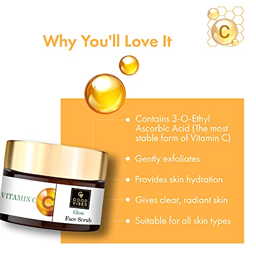 Good Vibes Vitamin C Glow Face Scrub, 50 g Rich in Antioxidants, Moisturizing Skin Softening Formula for Healthy Glowing Skin, Helps Reduce Dark Spots & Blemishes All Skin Types, No Parabens & Mineral Oil