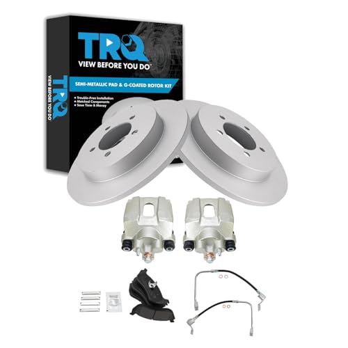 Image of TRQ Rear Brake Pad and Rotor Set Semi Metallic Coated Rotors Calipers Compatible with 2002-2005 Ford Explorer Mercury Mountaineer
