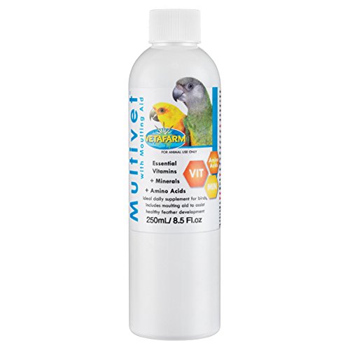 Vetafarm Multivet 250ml with moulting aid - Multivet is a multivitamin, mineral and amino acid supplement designed by avian vets for year round use in all birds, including pets and breeders.