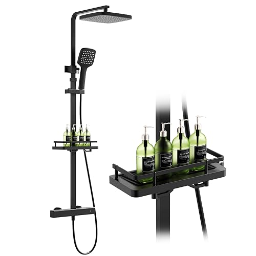 HOMELODY Duschsystem mit Thermostat & Duschablage Schwarz - Duscharmatur Komplettset mit Handbrause & Kopfbrause - Höhenverstellbar, 38 °C Sicherheitssperre, Wandmontage für modernes Badezimmer