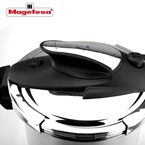 MAGEFESA ® Nova Olla a presión super rápida de 4 + 6 L, fabricada en acero inoxidable 18/10, apta para todo tipo de cocinas y inducción, 5 sistemas de seguridad, fondo termodifusor, facil uso, express