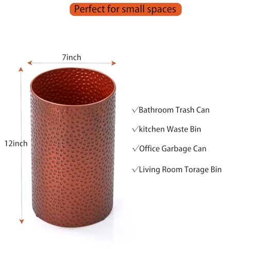 Image of Hand-Hammered Antique Copper Metal Trash Can, Small Decorative Wastebasket for Bathroom, Bedroom, Office, Kitchen & Dorm - Durable Round Garbage Bin, 7 inch W X 7 inch L X 12 inch H
