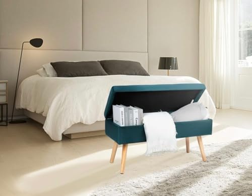 Image of Upholstered Storage Bench Ottoman for Bedroom & Living Room | Tufted End of Bed Bench with Hidden Storage | Compact Entryway Seating Bench with Wooden Legs | Multipurpose Sofa Bench Stool, Teal Blue