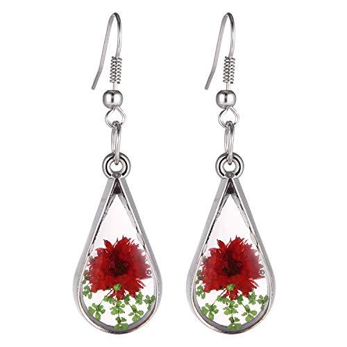 FM FM42 Red Turquoise Pressed Flowers Teardrop Drop Dangle Earrings Pendant Necklace Jewelry Set, 2 Colors2