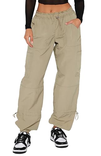 Waitfairy Cargo Pants Women Drawstring Elastic Waist Baggy Parachute Pants Woman Y2K Bottoms with Multiple Pockets