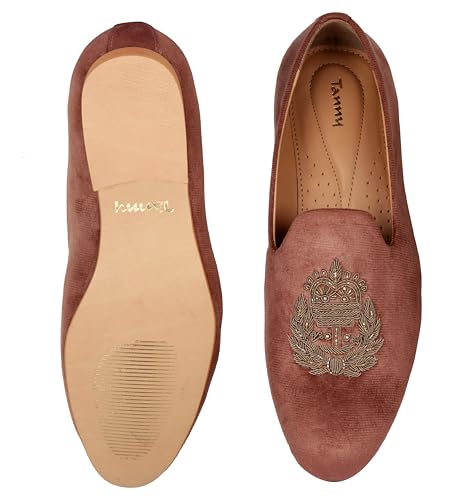 Image of Tanny Shoes Men's Soft Touch Brown Velvet Hand Embroidery dabka Work Soft Lining Slip-on Juttis and Mojaris for Bridal Party Casual Ethnic Shoe, Cocktail, Occasions|Fashion| Lightweight|TPR Sole