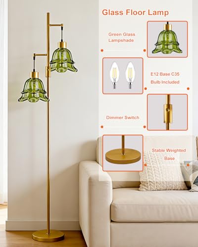 Image of Lightdot 65IN Gold Flower Floor Lamp for Living Room, 2- Light Dimmable Floor Lamps with Green Glass Lampshade, 3000K Warm White Modern Standing Tall Lamp with 5Lbs Heavy Base for Bedroom Sofa Beside