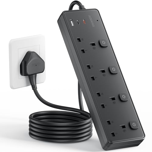 Extension Lead with 3 USB Slots(30W) 4 Way Sockets Outlets Ports Extension Cable with 4 Individual Switches Surge ProtectedWall Mountable Extension Socket for Home Office School 3M Black