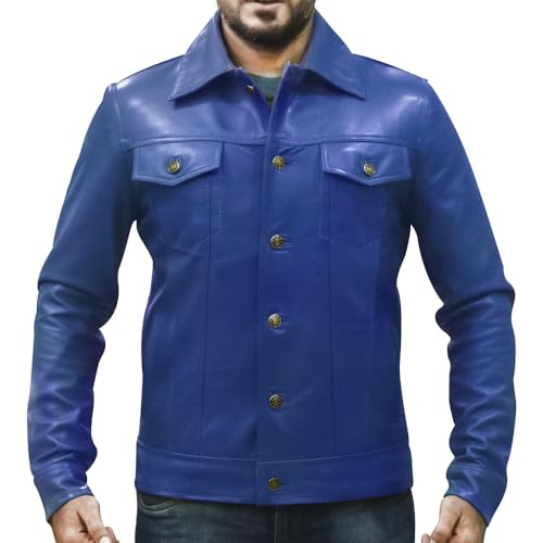 Image of Men's Genuine Leather Trucker Jacket Vintage Motorcycle Black Western Biker Slim Fit Trucker Jacket