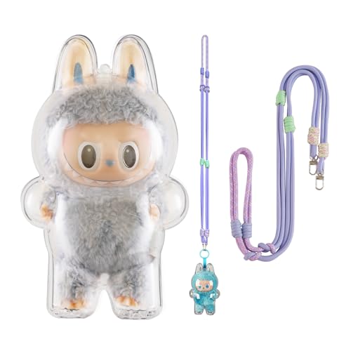 Clear Acrylic Display Case for LABUBU – Protective Dustproof Cover with Purple Braided Hanging Strap, Scratch-Resistant Collector Box for Toy Storage & Travel (Figure Not Included)