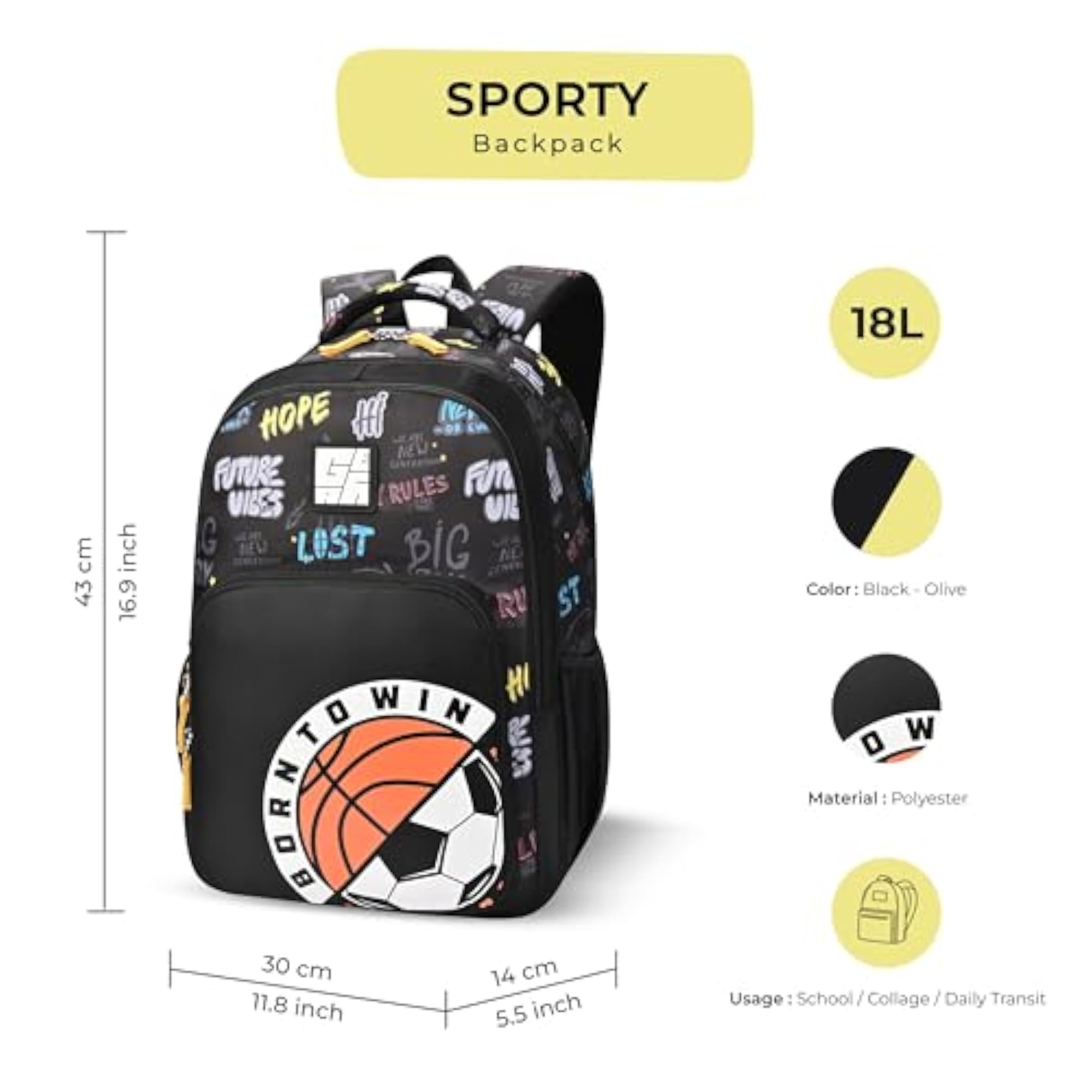 Sporty Medium Water Resistant School Bag, Casual Backpack
