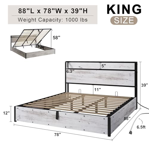 Image of AMERLIFE King Size Lift Up Storage Bed Frame, Wooden Platform Bed Frame with Lifting Storage & Charging Station, No Spring Box Needed /Noise Free, White Birch