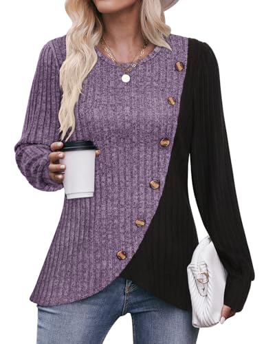 Ladies Jumpers Casual Crew Neck Tops Womens Long Sleeve Tops Buttons Side Tunic Sweatshirts Pullover Lightweight Sweaters Spring Autumn Winter Clothes S-3XL
