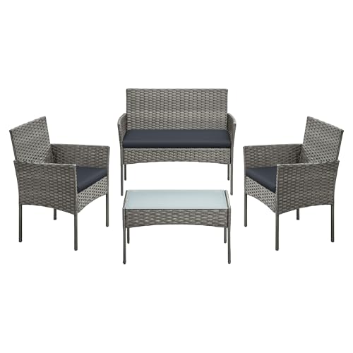 SONGMICS Salon de Jardin Extérieur 4 Place en Résine Tressée PE, pour Patio, Balcon, 1 Table, 2 Fauteuils de Jardin et 1 Banquette Extérieure 2 Places, Gris...