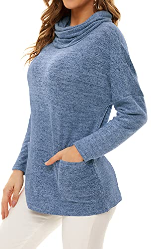 Neineiwu Women's Fall Long Sleeve Cowl Neck Loose Casual Pullover Tunic Tops (Small Blue) #TOP2