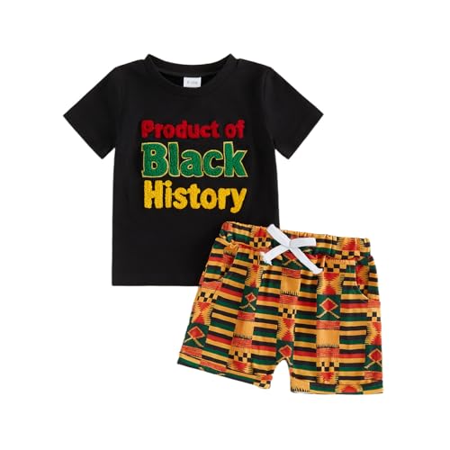 Doqcey Toddler Baby Boy Juneteenth Outfit Product of Black History Embroidery Shirt Geometric Shorts Set Freedom Day Clothes (Black 3-4T)