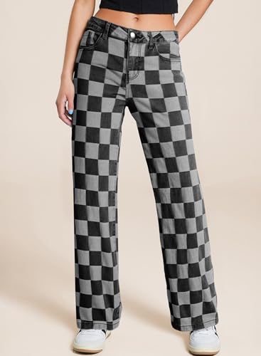 Sidefeel Women's Wide Leg Jeans High Waisted Stretchy Straight Leg Checkered Loose Denim Pants2