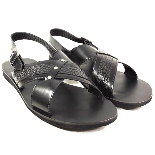 Good Man Men's Black Leather Slingback Sandals, Criss-Cross Design, Comfort Flat Sole, Silver Buckle Closure, Summer Casual2