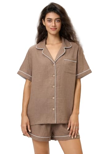 Image of BESTOUCH Womens Pajama Sets: 100% Cotton Muslin Linen Feel | Button Soft Comfy Breathable Classic Sleep Pjs 2 Piece