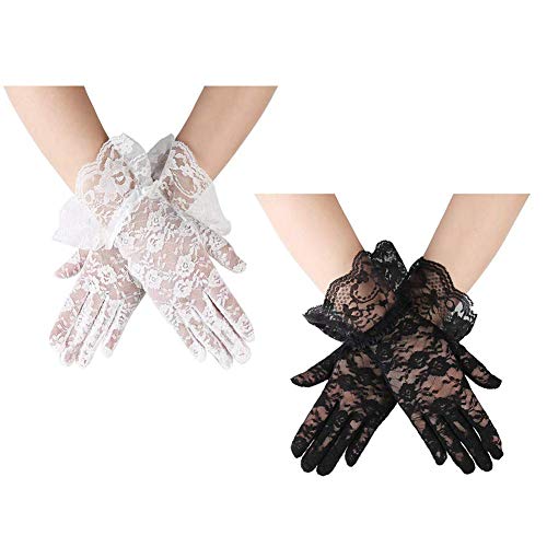 ICEBLUEOR 2 Paar Kurze Spitzenhandschuhe, Sommer Damen Spitzenhandschuhe Hochzeit Handschuhe UV Schutz Handschuhe für Dinnerpartys Cover