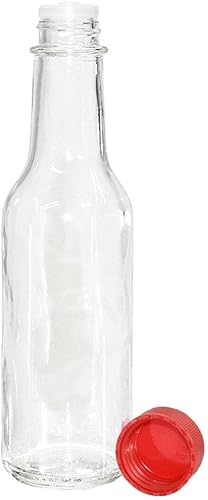 Miniatura 4 de Paquete de 24 botellas de vidrio transparente para salsa picante de 5 onzas (Woozy) con tapa roja sin forro y reductor de orificios