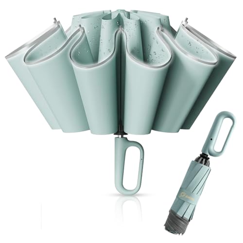 Image of PALAY Carabiner Handle Large Automatic Folding Umbrella, Mint Green with Reflective Rim, UV Protection, Windproof Waterproof Travel Umbrella for Men Women Camping Hiking Beach Monsoon