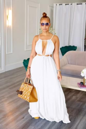 Image of Yeshire Womens Summer Spaghetti Strap Maxi Dress Sleeveless Sexy Cutout Drawstring Boho Beach Vacation Party Dresses