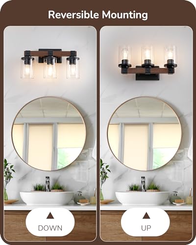 Image of EDISHINE 3-Light Painted Wood Farmhouse Vanity Light, Bubble Glass Shade | Up & Down Reversible Mounting, E26 Base, Industrial Farmhouse Design, Wall Sconces Lamp for Bedroom, Powder Room