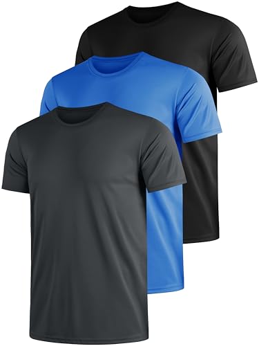 Funktionsshirt Herren Sport T Shirt Kurzarm 3er Pack Atmungsaktiv Männer Tshirt Sportkleidung Workout Schnelltrocknend Sportshirt Funktion Training Laufshirt Blau Grau Schwarz(L)